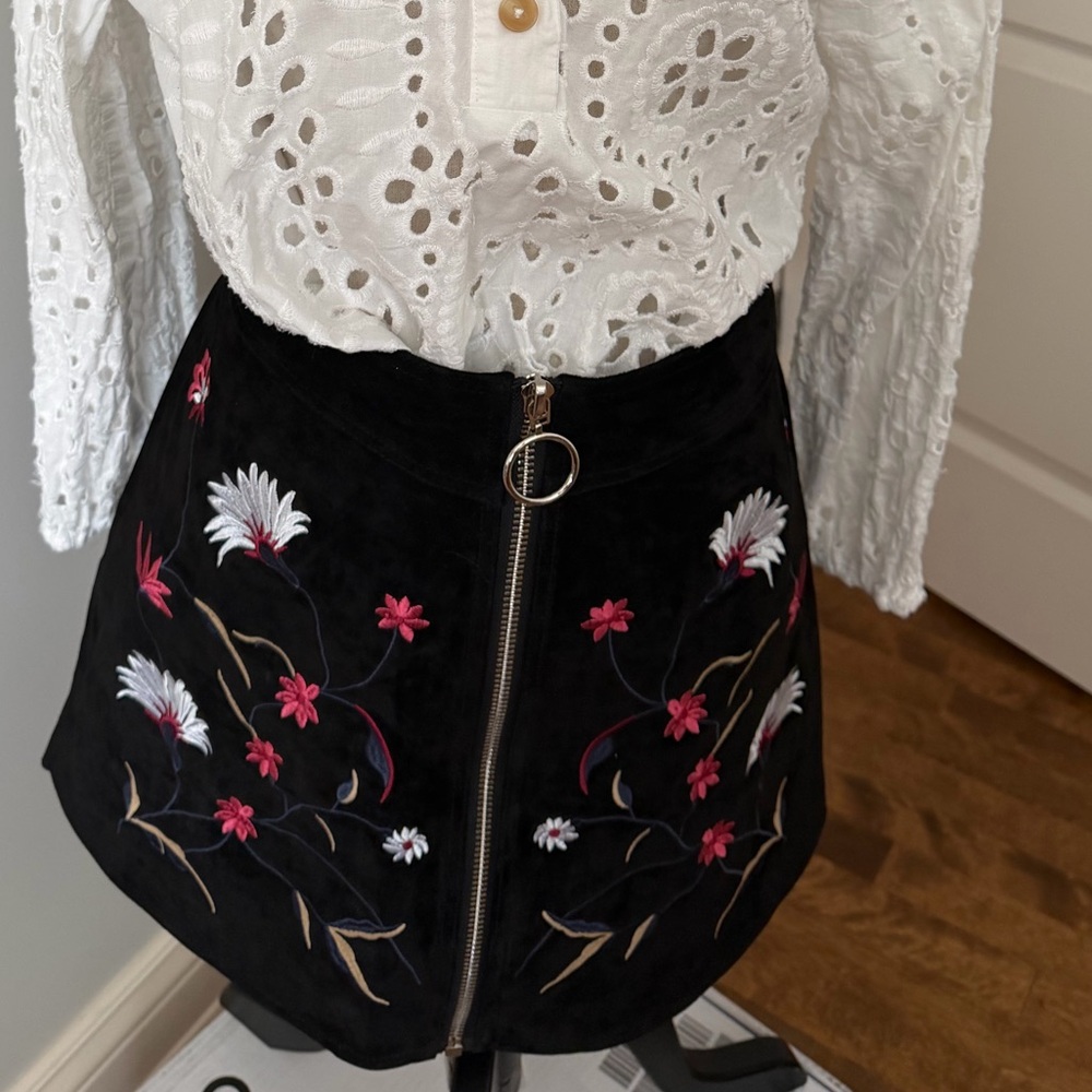 Black Embroidered Suede Skirt with Zipper